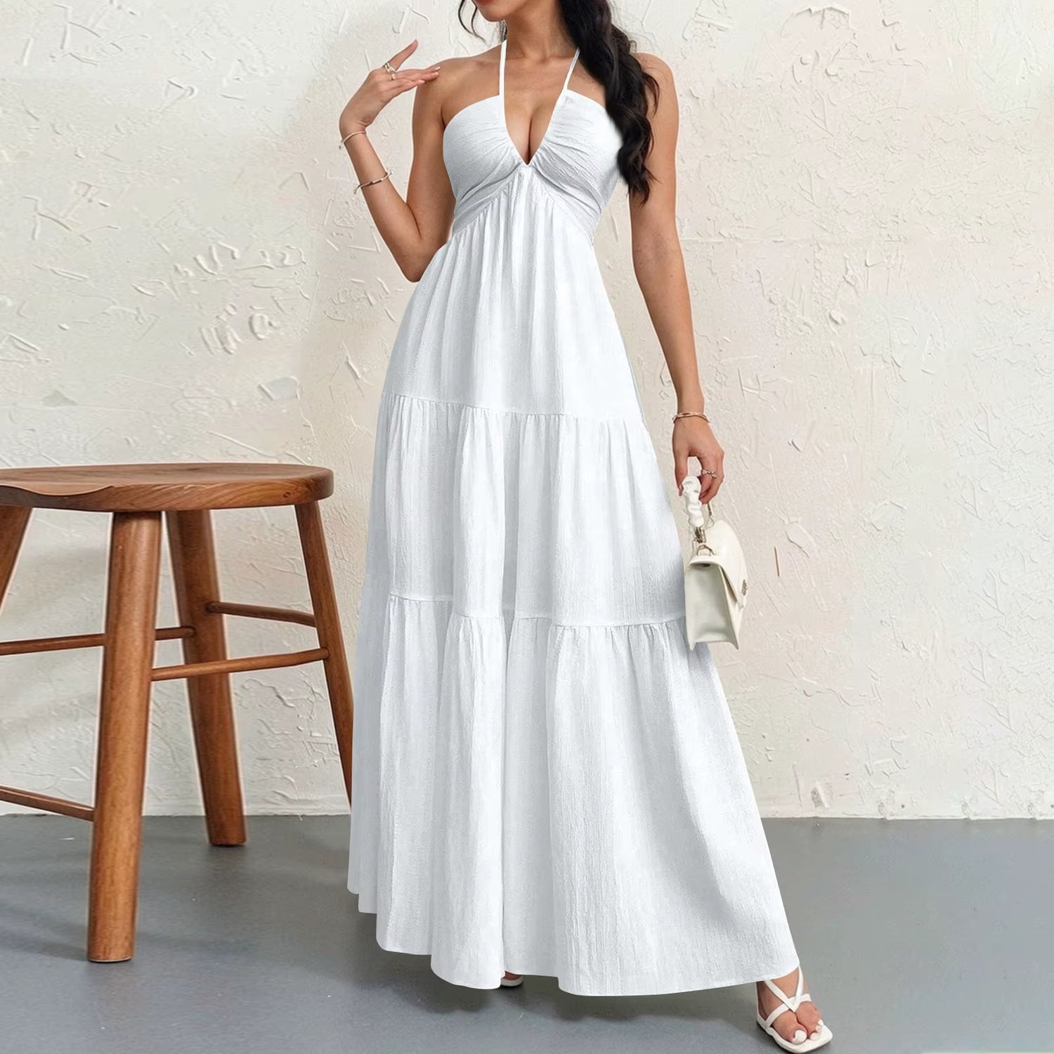 Ladies' Korean Style Temperment Sexy High Waist Maxi Sling Dress Chic Solid Color V-Neck Beach Pleated Long A-Line Skirt