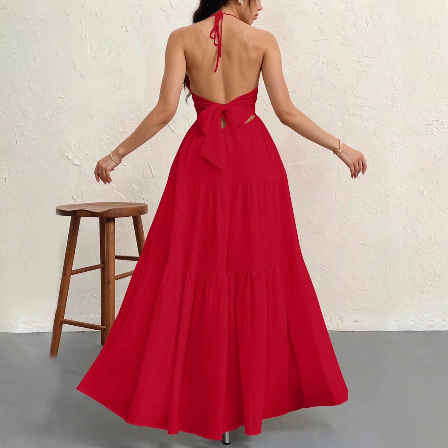 Ladies' Korean Style Temperment Sexy High Waist Maxi Sling Dress Chic Solid Color V-Neck Beach Pleated Long A-Line Skirt